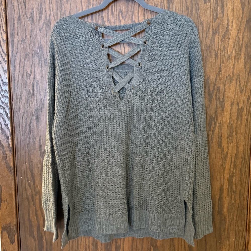 American Eagle Green Knit Sweater with Crisscross Back Cozy Scoop Neck Olive - Picture 3 of 4